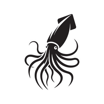 Oceanic Ballet: Giant Squid Silhouette Engages in a Graceful Underwater Dance - Giant Squid Illustration - Sea Monster Vector - Giant Squid Vector
