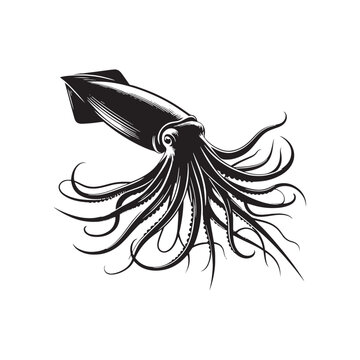 Sovereign of Shadows: Giant Squid Silhouette, Ruler of the Subterranean Realms - Giant Squid Illustration - Sea Monster Vector - Giant Squid Vector
