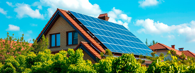 The roof of the house is covered with solar panels. Selective focus. - obrazy, fototapety, plakaty