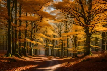 Fototapeten Path with Beech trees on each side in a a forest during a beautiful fall day in the Veluwe nature reserve in Hoog Buurlo. © Muhammad