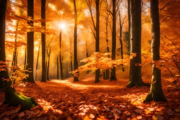 Autumn scenery in panorama format a forest in vibrant warm colors with the sun shining through the leaves