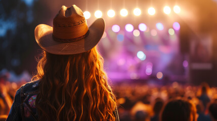 Back view of a young american woman fan of country music attending a country music concert wearing a cowboy hat and copy space - obrazy, fototapety, plakaty