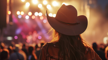 Back view of a young american woman fan of country music attending a country music concert wearing a cowboy hat and copy space