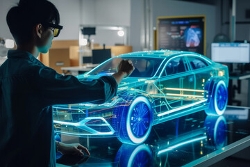Car designer looking at a AR augmented reality car design mock-up in R&D center room
