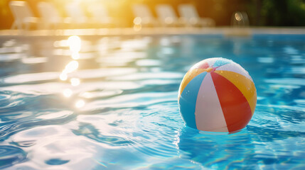Summer holidays background with colorful beach ball floating on luxury swimming pool and copy space