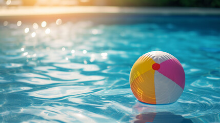 Summer holidays background with colorful beach ball floating on luxury swimming pool and copy space
