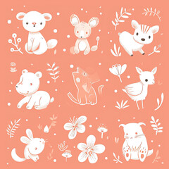 cute baby animal set for nursery room decor and kids learning on peach background