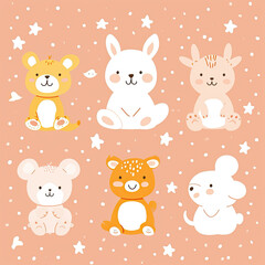 cute baby animal set for nursery room decor and kids learning on peach background