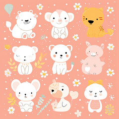 cute baby animal set for nursery room decor and kids learning on peach background