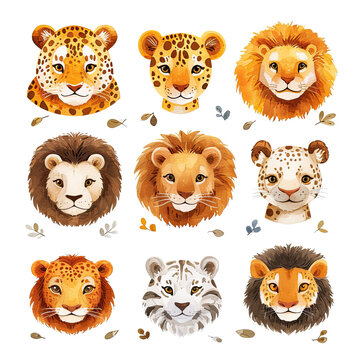set of head  illustration of jungle or safari cartoon animals on white background, for learning or nursery room