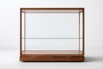 Glass showcase. A cube made of glass and wood on a white background.