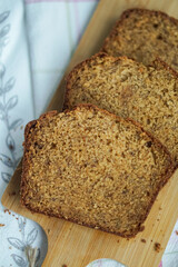 Delicious  homemade pound cake with caramel/ Sweet caramel loaf cake. Close up selective focus