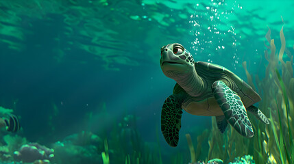Fototapeta premium cartoon style: A heartwarming scene of a wise old turtle 