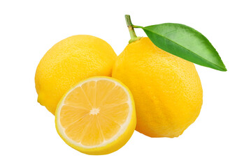 Lemon fruit and a half with leaves on transparent background png