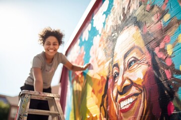 Artist Painting Vibrant Mural with Joyful Expression, Outdoor Art