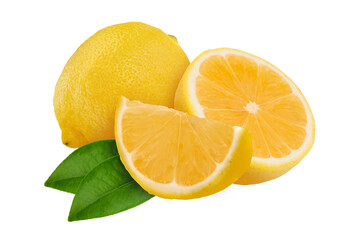 Lemon fruit and a half with leaves on transparent background png