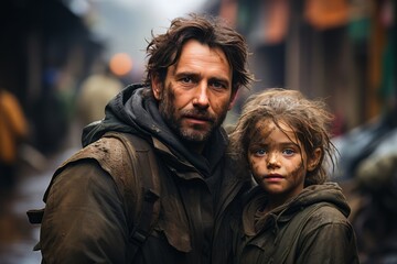 Fototapeta premium Refugee with child in a war-torn city