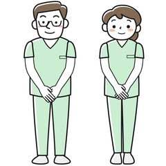 正面を向いて立つ医療従事者の男女