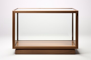 Glass showcase. A cube made of glass and wood on a white background.
