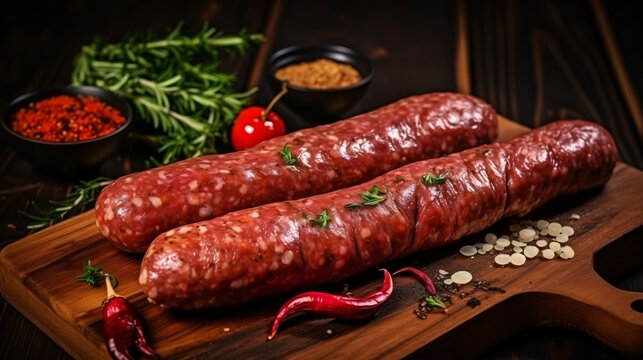 Raw meat sausages from beef and minced pork