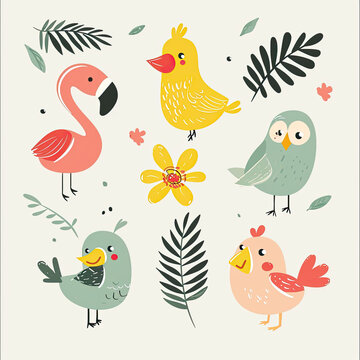 cute cartoon set of tropical birds in pastel theme of colors, kids nursery, learning nooks, cards