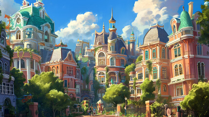 cartoon style: A whimsical cityscape filled with adorable anthropomorphic buildings