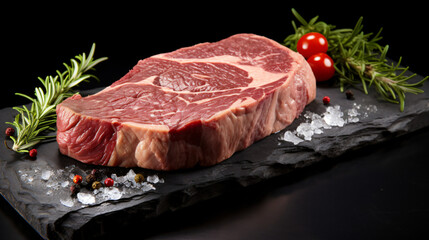 Raw steak on a black stone board isolated on white background