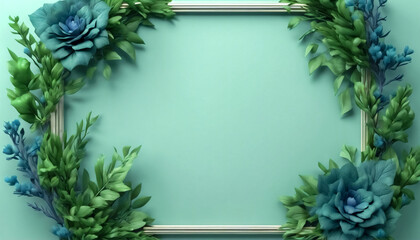 Cornice di Vegetazione- Modello con Bouquet di Rametti e Foglie Verdi e fiori Blu II - obrazy, fototapety, plakaty