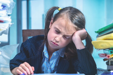 Portrait of exhausted and sad young business girl going crazy with work with documents in office.