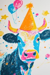 Cartoonish charm: cow wearing a festive birthday hat. - 718744041