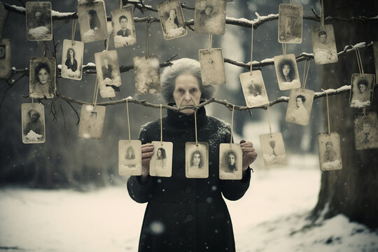 Portrait of an elderly woman in the winter forest. She is holding a lot of old photos.