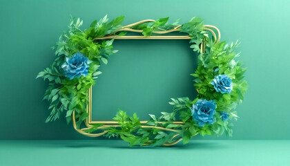Cornice di Vegetazione- Modello con Bouquet di Rametti e Foglie Verdi e fiori Blu - obrazy, fototapety, plakaty