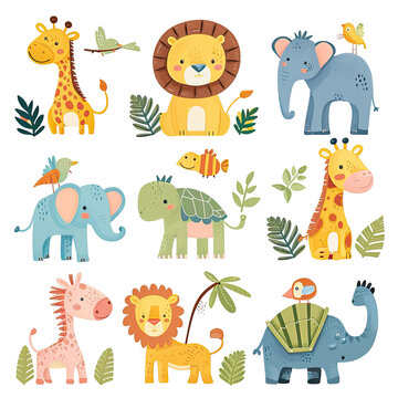different icons of cute baby safari animals, for kids nursery room or learning on white background