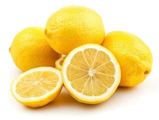 Lemons with leaves isolated on white background.