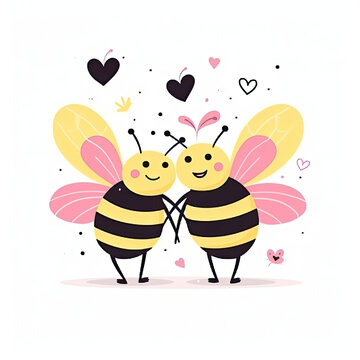 Cute couple of honey bees cartoon isolated on white background with hint of pink, valentines day love, 