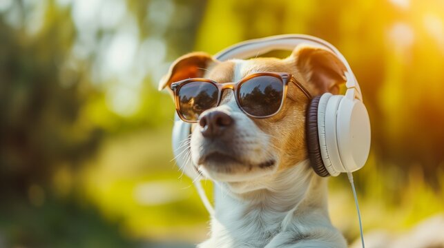 dog listening music, while relaxing and enjoying the sound
