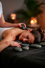 Woman in a spa salon massages stones. Selective focus.