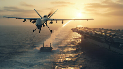 A drone with a mounted missile flies over an aircraft carrier. Modern military equipment, kamikaze drone. War.