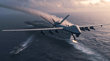Naklejka premium A drone with a mounted missile flies over an aircraft carrier. Modern military equipment, kamikaze drone. War.