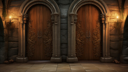 illustration in a gaming theme. Two mysterious wooden doors - obrazy, fototapety, plakaty