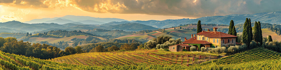 Sunset over the scenic hills of Tuscany with vineyards. Panoramic landscape with warm light....