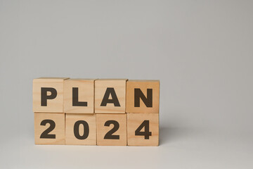 Wooden cube blocks with 2024 PLAN word on white background. Business action plan, goals and...