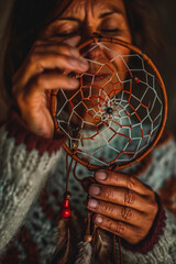 A woman makes a dream catcher. Selective focus.