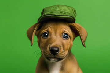 A charming baby pup, donning a fashionable outfit and hat, against a lively green background, radiating innocence and playfulness.