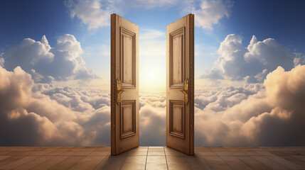 a golden and realistic open magical door in heaven. beyond the door, a beautiful, hopeful, endless blue sky