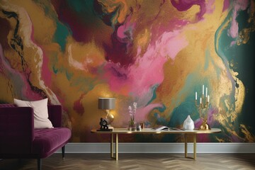 Vibrant paint swirls complemented by a touch of gold glitter. Contemporary wallpaper. Generative AI