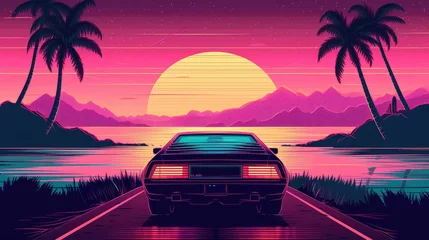 Raamstickers  Summer vibes 80s style illustration with car driving at  sunset.  © Nice Seven