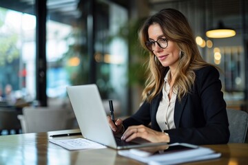 Busy mature mid aged business woman professional in her 40s writing notes finance report overview, lawyer checking document, working on laptop computer device sitting at desk in office. Generative AI