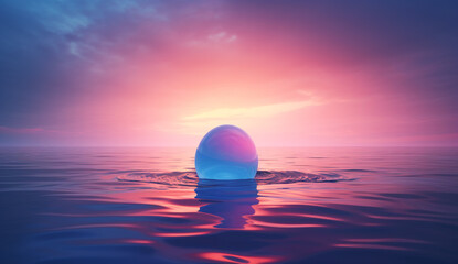 3D render of a crystal ball floating in the sea at sunset. huge crystal sphere is swimming in the ocean (3d landscape rendering banner)