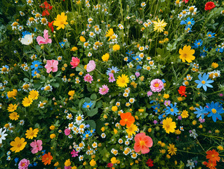 Assorted wildflowers from a top-down perspective. Vibrant nature background for design and print with copy space
